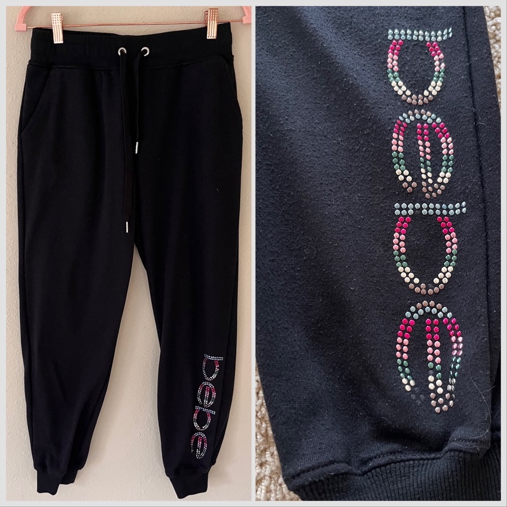 Bebe Womens Joggers Medium Black Rhinestone Logo Y2K Bling Loungewear Active